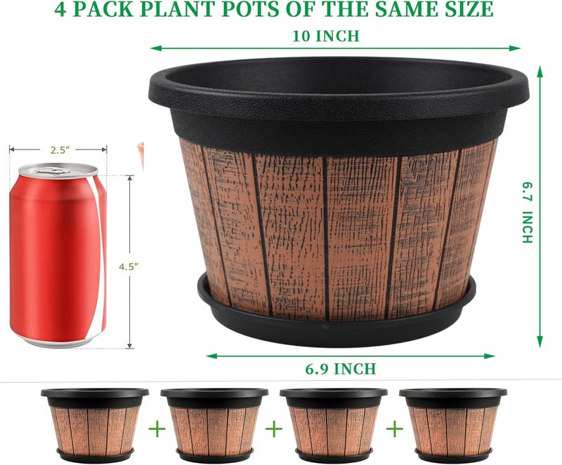 Quarut 4 Pack 10 inch Plant Pots,Upgrade Whiskey Barrel Planters with Drainage Holes & Saucer,Plastic Decoration Flower Pots Retro Design,Planters for Outdoor Indoor Garden Home Plants (Brown) - Image 2